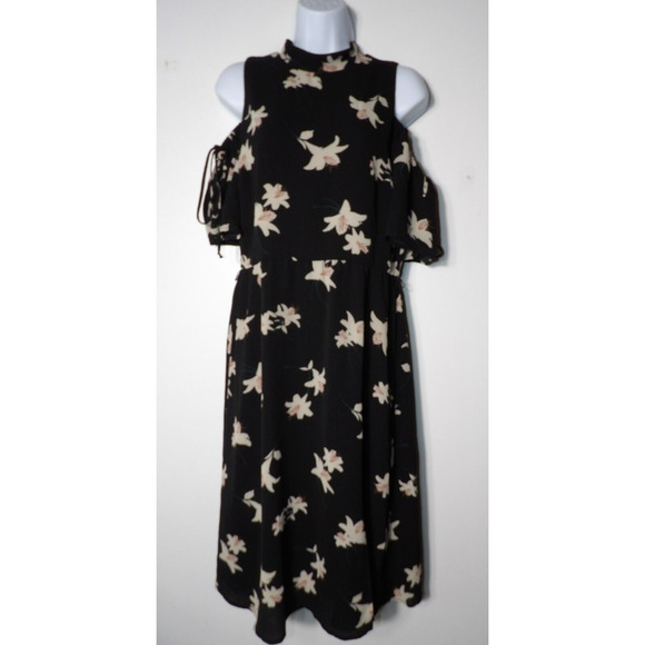 June & Hudson Dress Cold Shoulder Large Black Floral Midi Keyhole Sundress - Picture 2 of 15